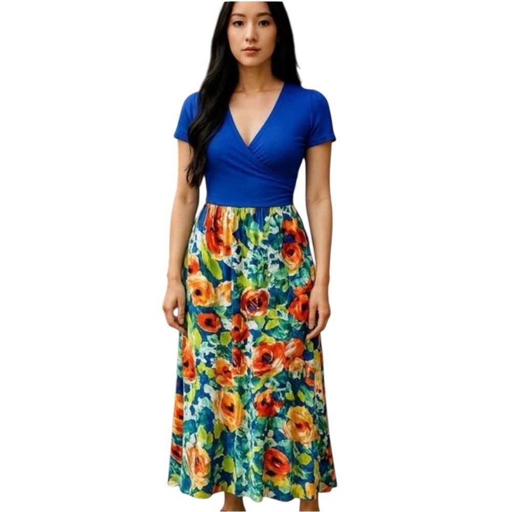 Gilli Blue Floral Faux Wrap Maxi Dress Made in USA